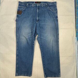 Riggs Dura Shield Blue Denim Straight Leg Work Jeans Brown Leather Detail 46x32